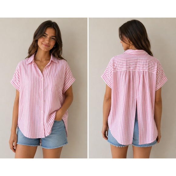 Madewell Tops - Madewell Cotton Button Shirt Womens Small Pink White Striped Back Vent Oversized